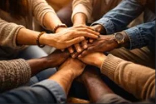 Diverse hands stacked together in a circle