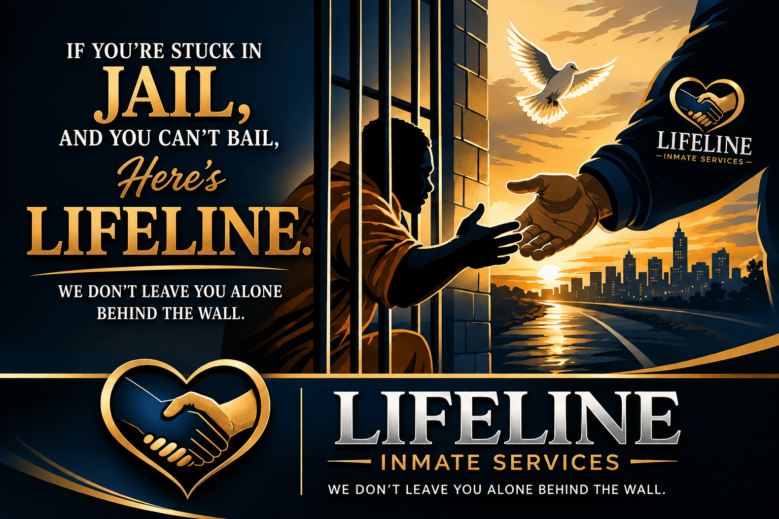 A prisoner reaches through bars to grasp a hand symbolizing support.