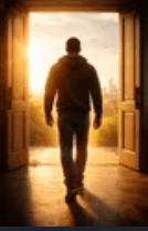 person walks through an open doorway toward a sunrise