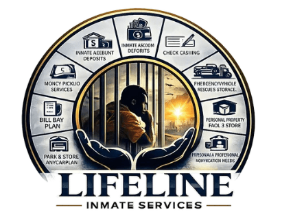 Logo for Lifeline Inmate Services, featuring a person behind bars with services like inmate deposits and property storage around the circle.